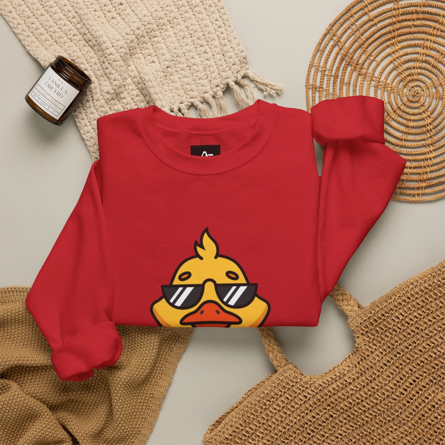 Crewneck Sweatshirt — Cool Sunglasses Duck Graphic, Cute Thumbs-Up Cartoon Pullover