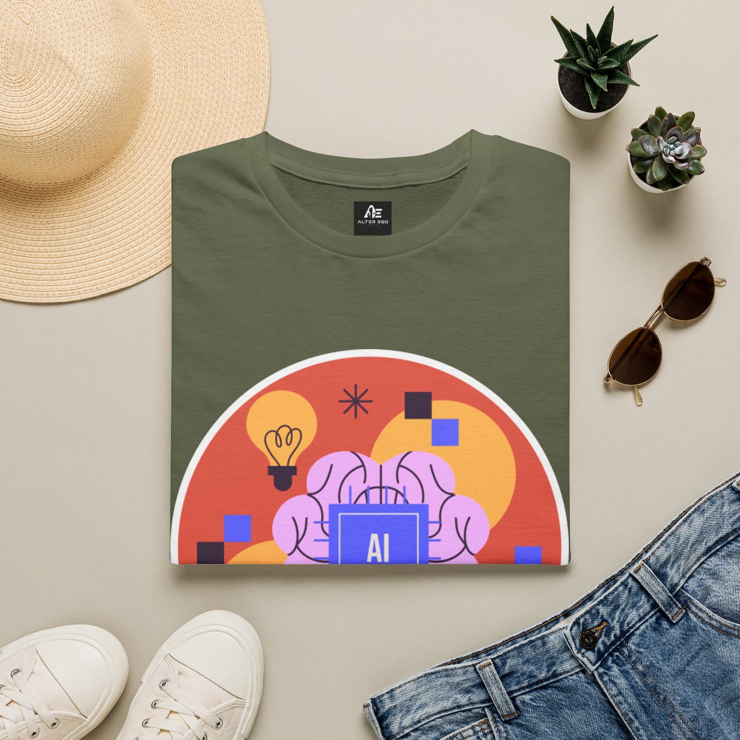 AI Brain Graphic T-Shirt — Techy Innovation Tee with Lightbulb Design