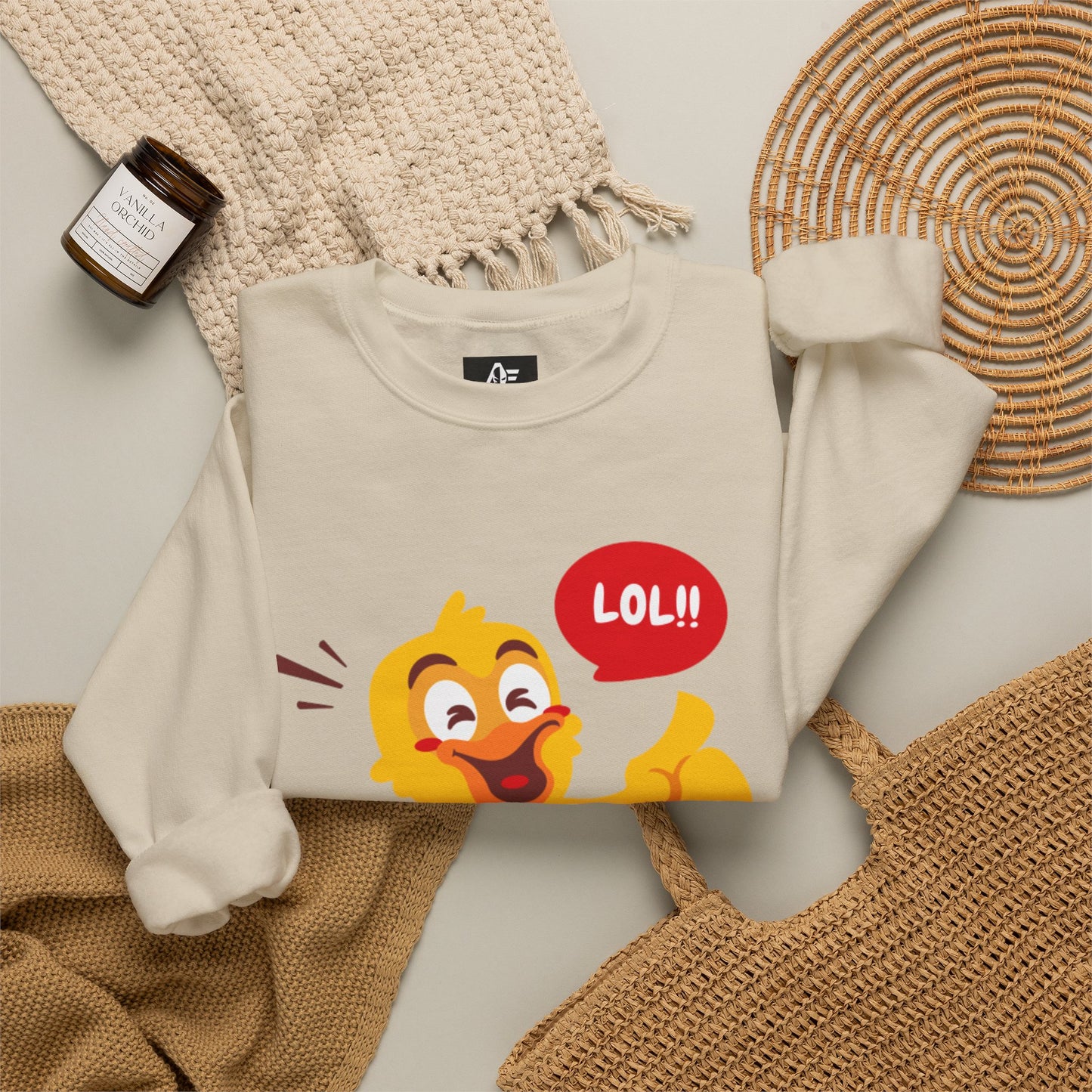 Crewneck Unisex Sweatshirt — Cute Laughing Chick Design ("LOL")