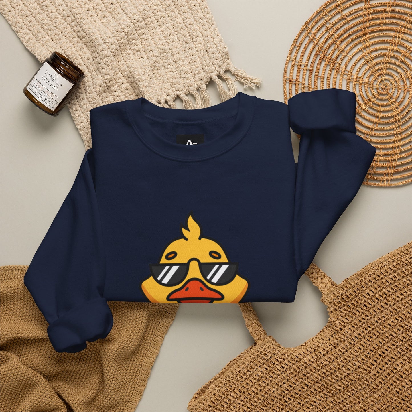 Crewneck Sweatshirt — Cool Sunglasses Duck Graphic, Cute Thumbs-Up Cartoon Pullover