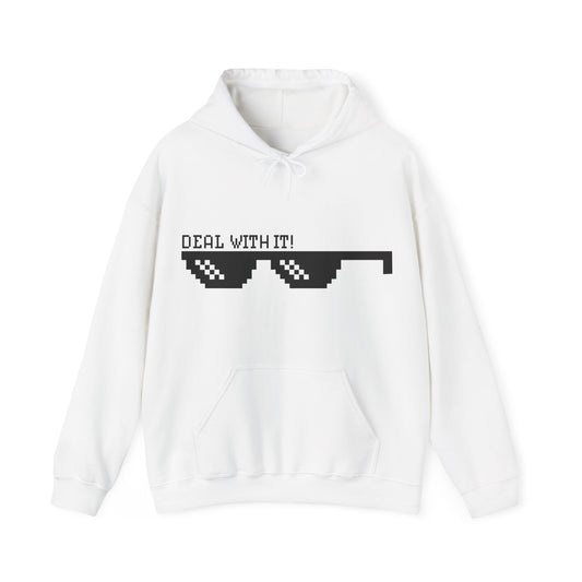 Deal With It Sunglasses Hoodie — Pixelated Meme Graphic Hooded Sweatshirt