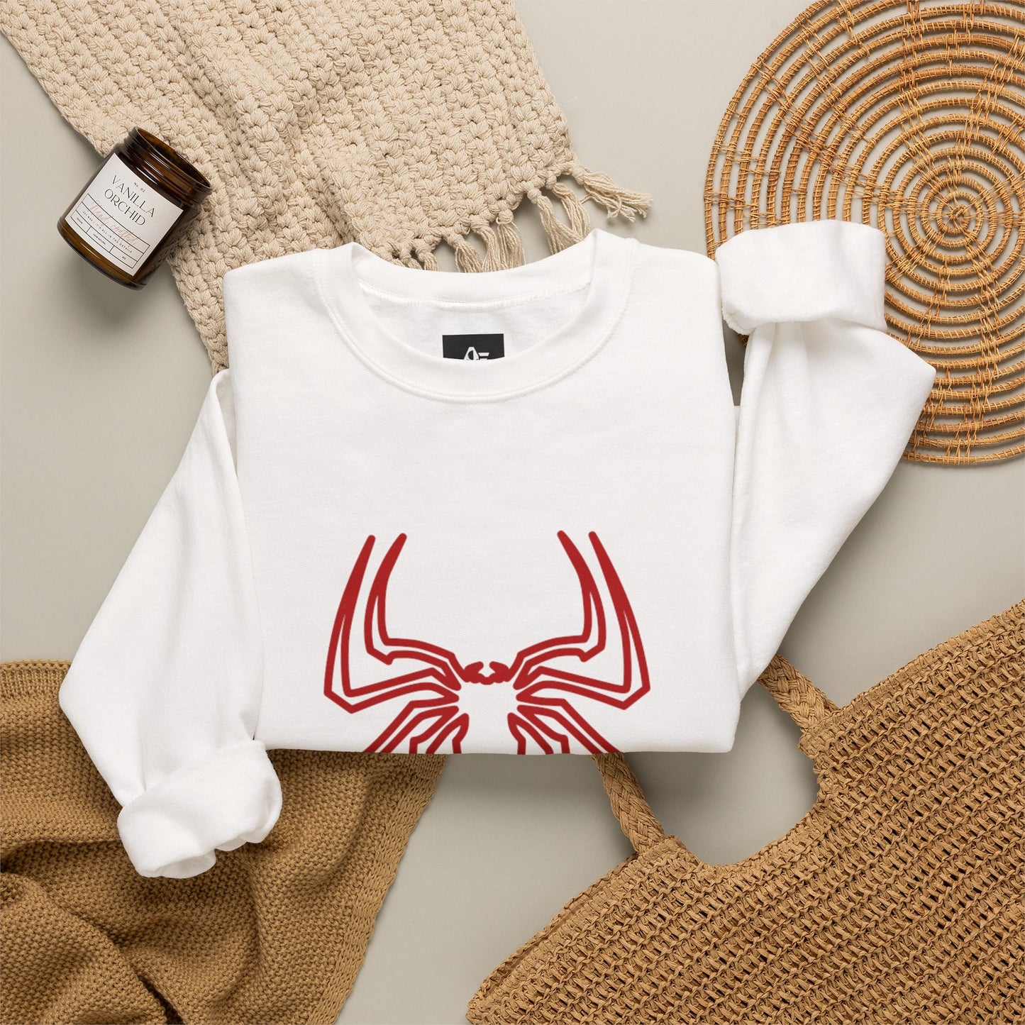 Spider Emblem Crewneck Sweatshirt — Web Mask Back & Sleeve Graphics