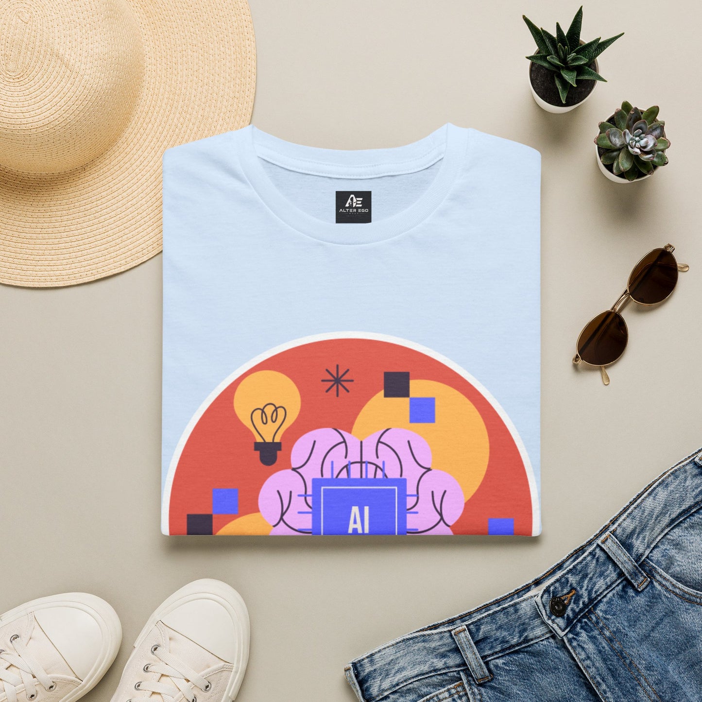 AI Brain Graphic T-Shirt — Techy Innovation Tee with Lightbulb Design