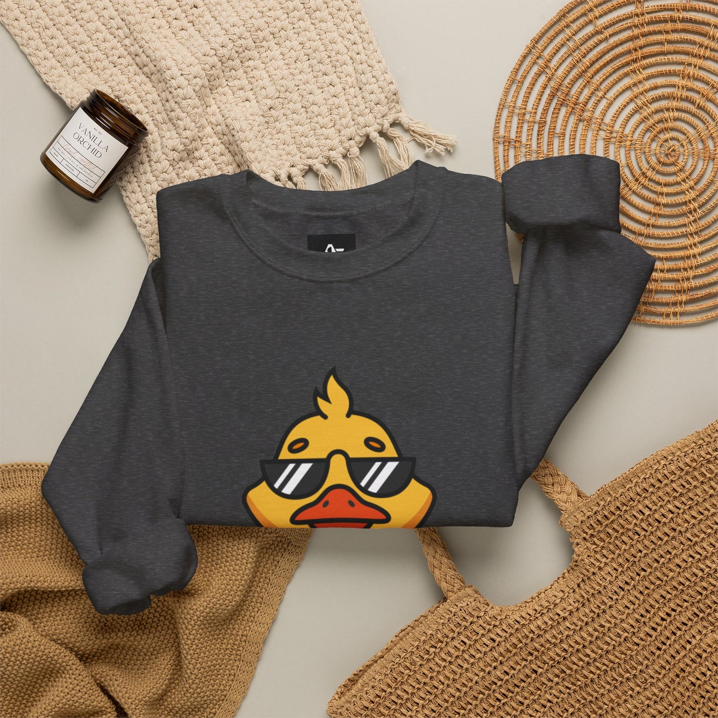 Crewneck Sweatshirt — Cool Sunglasses Duck Graphic, Cute Thumbs-Up Cartoon Pullover