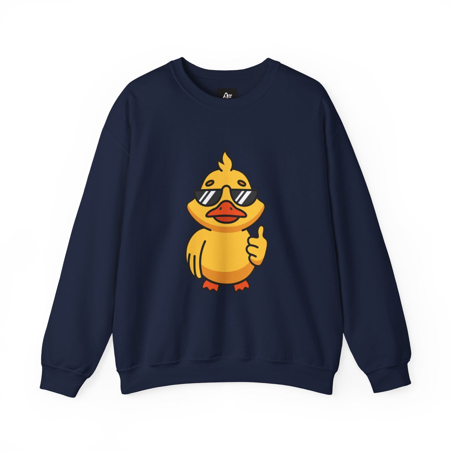 Crewneck Sweatshirt — Cool Sunglasses Duck Graphic, Cute Thumbs-Up Cartoon Pullover