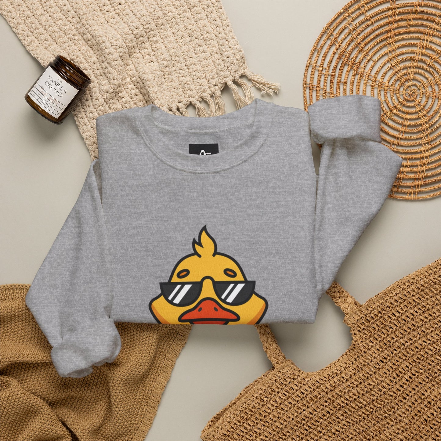 Crewneck Sweatshirt — Cool Sunglasses Duck Graphic, Cute Thumbs-Up Cartoon Pullover