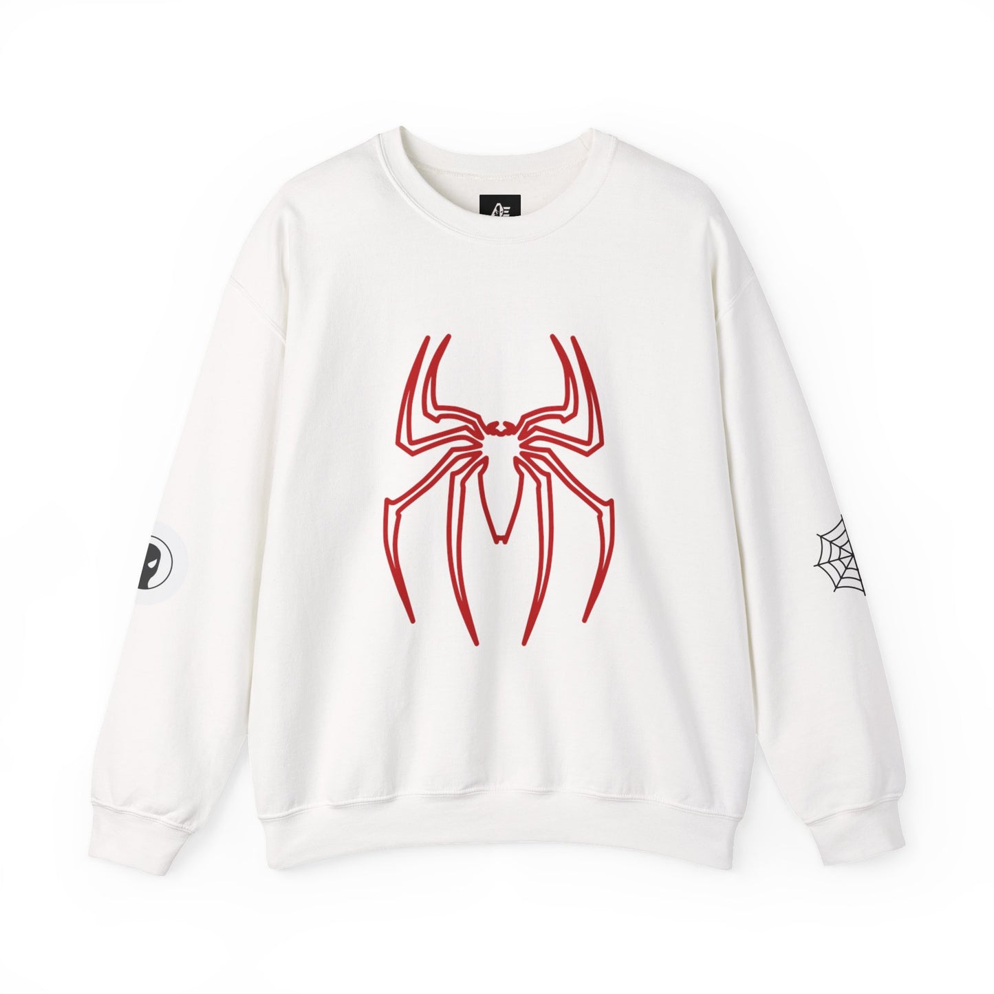 Spider Emblem Crewneck Sweatshirt — Web Mask Back & Sleeve Graphics