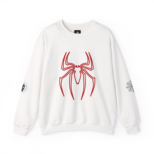 Spider Emblem Crewneck Sweatshirt — Web Mask Back & Sleeve Graphics
