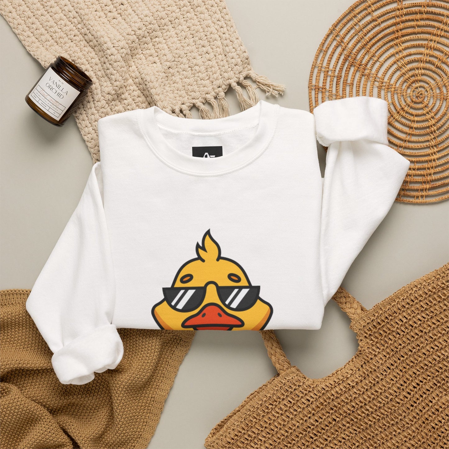 Crewneck Sweatshirt — Cool Sunglasses Duck Graphic, Cute Thumbs-Up Cartoon Pullover