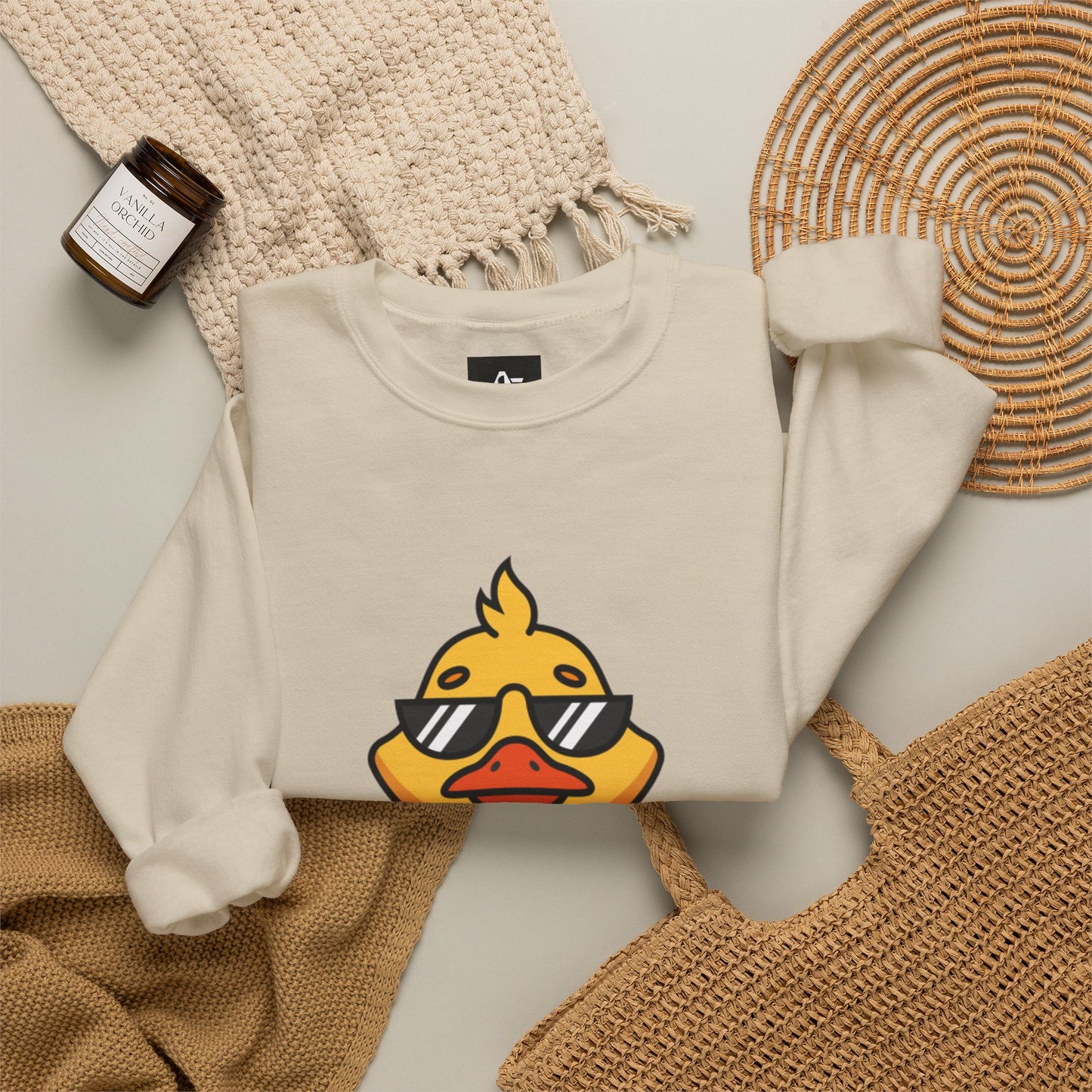 Crewneck Sweatshirt — Cool Sunglasses Duck Graphic, Cute Thumbs-Up Cartoon Pullover