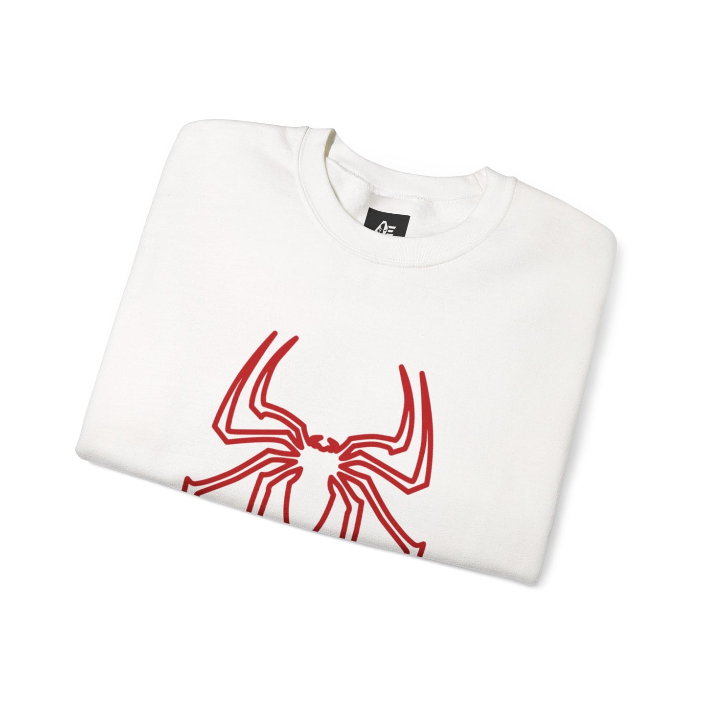 Spider Emblem Crewneck Sweatshirt — Web Mask Back & Sleeve Graphics