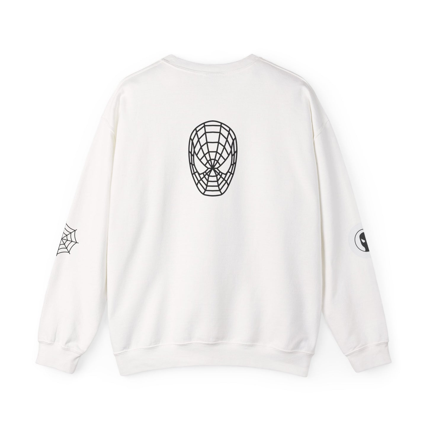 Spider Emblem Crewneck Sweatshirt — Web Mask Back & Sleeve Graphics