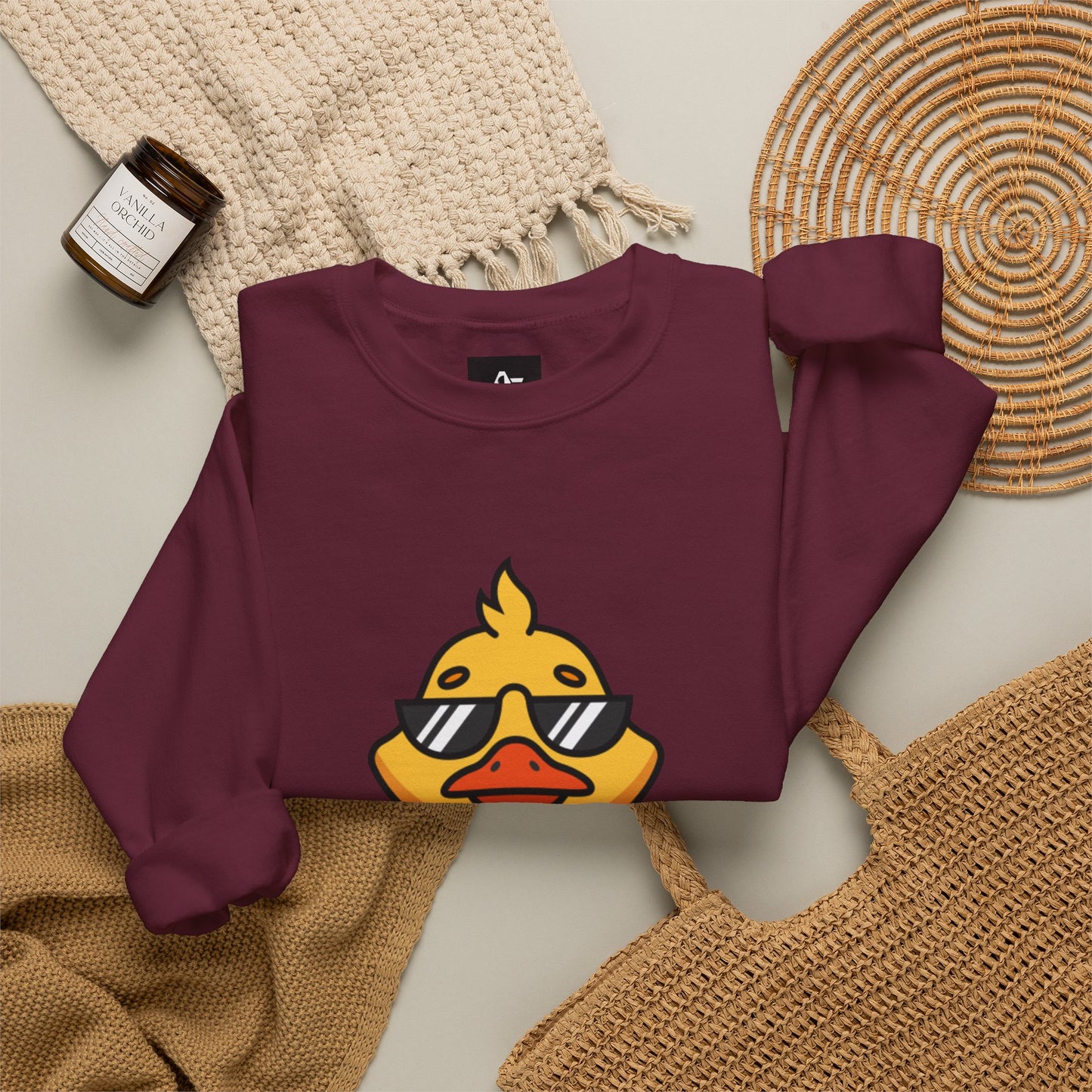 Crewneck Sweatshirt — Cool Sunglasses Duck Graphic, Cute Thumbs-Up Cartoon Pullover
