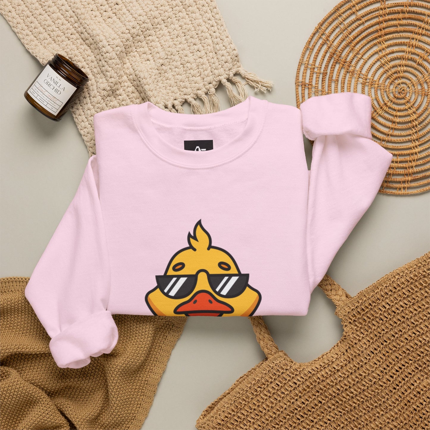 Crewneck Sweatshirt — Cool Sunglasses Duck Graphic, Cute Thumbs-Up Cartoon Pullover