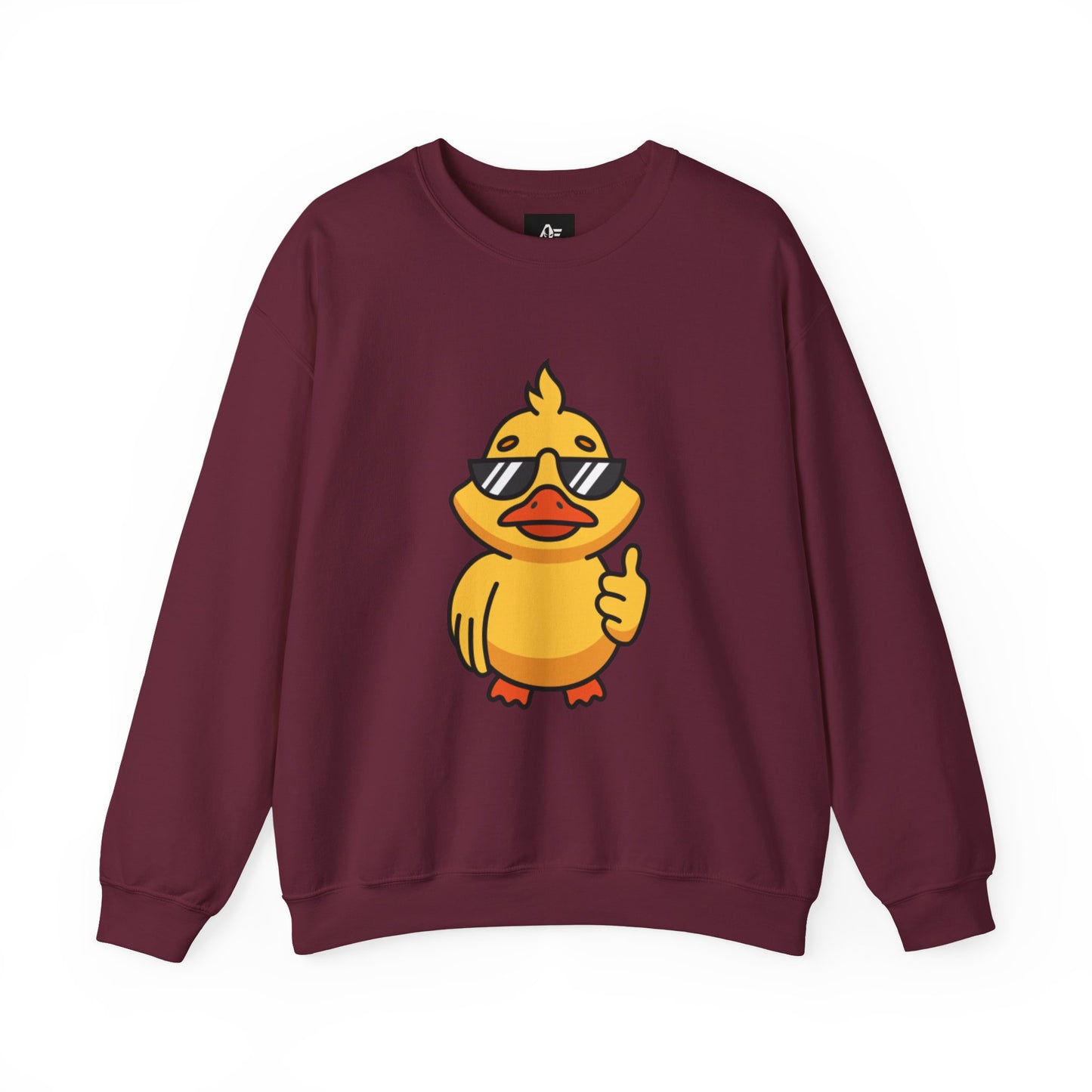 Crewneck Sweatshirt — Cool Sunglasses Duck Graphic, Cute Thumbs-Up Cartoon Pullover